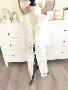 White Sheer Lace Kimono Cover-Up
